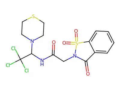 2-(1,1-dioxido-3-oxo-1,2-benzothiazol-2(3H)-yl)-N-[2,2,2-trichloro-1-(thiomorpholin-4-yl)ethyl]acetamide structure