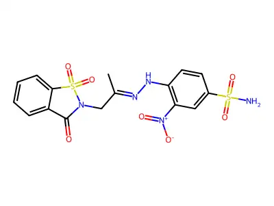 3-nitro-4-[2-[1-(1,1,3-trioxo-1,2-benzothiazol-2-yl)propan-2-ylidene]hydrazinyl]benzenesulfonamide structure