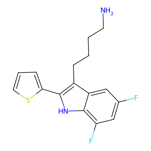 4-(5,7-difluoro-2-thiophen-2-yl-1H-indol-3-yl)butan-1-amine structure
