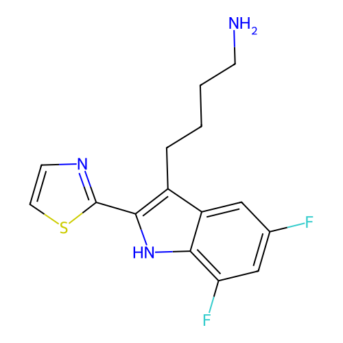 4-[5,7-difluoro-2-(1,3-thiazol-2-yl)-1H-indol-3-yl]butan-1-amine structure