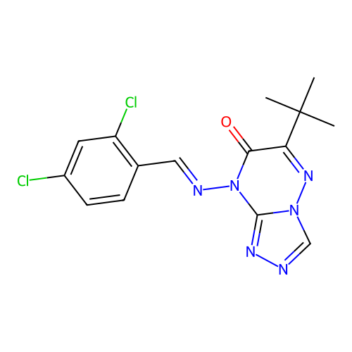 (E)-6-(tert-butyl)-8-((2,4-dichlorobenzylidene)amino)-[1,2,4]triazolo[4,3-b][1,2,4]triazin-7(8H)-one structure