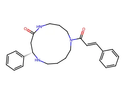 (2S)-2-phenyl-9-[(2E)-3-phenylprop-2-enoyl]-1,5,9-triazacyclotridecan-4-one structure