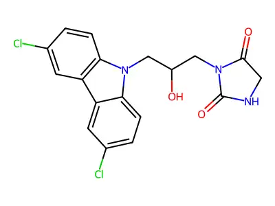 3-(3-(3,6-dichloro-9H-carbazol-9-yl)-2-hydroxypropyl)imidazolidine-2,4-dione structure