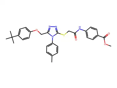 Methyl 4-(2-((5-((4-(tert-butyl)phenoxy)methyl)-4-(p-tolyl)-4H-1,2,4-triazol-3-yl)thio)acetamido)benzoate structure