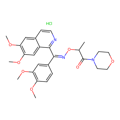 Morpholine, 4-(2-((((6,7-dimethoxy-1-isoquinolinyl)(3,4-dimethoxyphenyl)methylene)amino)oxy)-1-oxopropyl)-, monohydrochloride structure