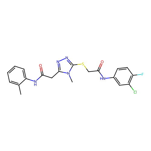 2-[5-[2-(3-chloro-4-fluoroanilino)-2-oxoethyl]sulfanyl-4-methyl-1,2,4-triazol-3-yl]-N-(2-methylphenyl)acetamide structure
