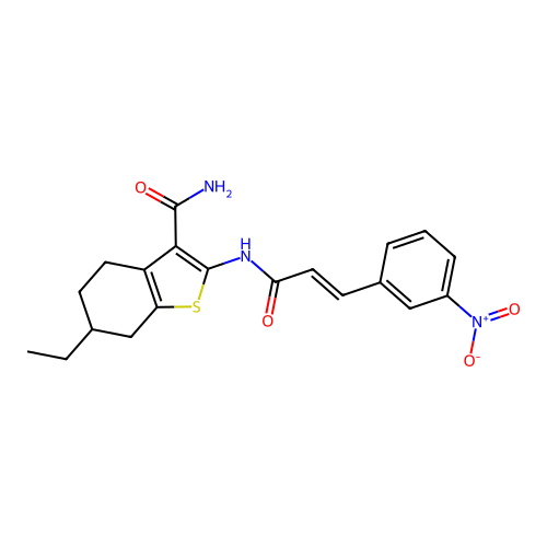 6-ethyl-2-[[(E)-3-(3-nitrophenyl)prop-2-enoyl]amino]-4,5,6,7-tetrahydro-1-benzothiophene-3-carboxamide structure