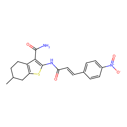 6-methyl-2-[[(E)-3-(4-nitrophenyl)prop-2-enoyl]amino]-4,5,6,7-tetrahydro-1-benzothiophene-3-carboxamide structure