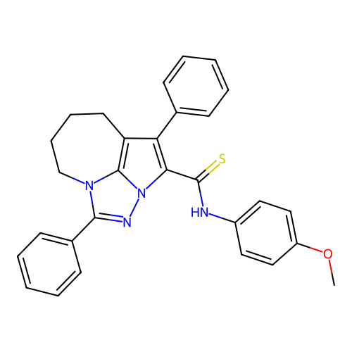 N-(4-methoxyphenyl)-1,4-diphenyl-5,6,7,8-tetrahydro-2,2a,8a-triazacyclopenta[cd]azulene-3-carbothioamide structure