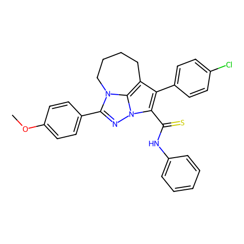 1-(4-chlorophenyl)-4-(4-methoxyphenyl)-N-phenyl-5,6,7,8-tetrahydro-2a,3,4a-triazacyclopenta[cd]azulene-2-carbothioamide structure