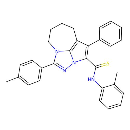 1-phenyl-N-(o-tolyl)-4-(p-tolyl)-5,6,7,8-tetrahydro-2a,3,4a-triazacyclopenta[cd]azulene-2-carbothioamide structure