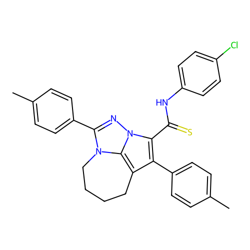 N-(4-chlorophenyl)-1,4-bis(4-methylphenyl)-5,6,7,8-tetrahydro-2,2a,8a-triazacyclopenta[cd]azulene-3-carbothioamide structure
