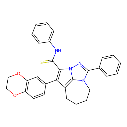 1-(2,3-dihydrobenzo[b][1,4]dioxin-6-yl)-N,4-diphenyl-5,6,7,8-tetrahydro-2a,3,4a-triazacyclopenta[cd]azulene-2-carbothioamide structure