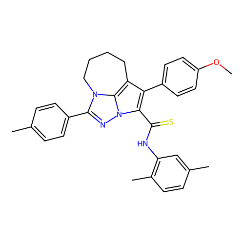 N-(2,5-dimethylphenyl)-1-(4-methoxyphenyl)-4-(p-tolyl)-5,6,7,8-tetrahydro-2a,3,4a-triazacyclopenta[cd]azulene-2-carbothioamide structure