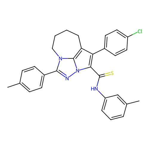 1-(4-chlorophenyl)-N-(m-tolyl)-4-(p-tolyl)-5,6,7,8-tetrahydro-2a,3,4a-triazacyclopenta[cd]azulene-2-carbothioamide structure