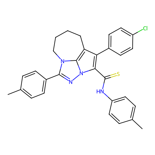 1-(4-chlorophenyl)-N,4-di-p-tolyl-5,6,7,8-tetrahydro-2a,3,4a-triazacyclopenta[cd]azulene-2-carbothioamide structure