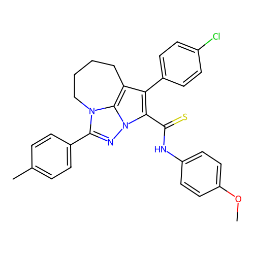 1-(4-chlorophenyl)-N-(4-methoxyphenyl)-4-(p-tolyl)-5,6,7,8-tetrahydro-2a,3,4a-triazacyclopenta[cd]azulene-2-carbothioamide structure