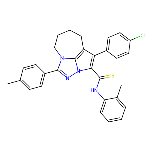 1-(4-chlorophenyl)-N-(o-tolyl)-4-(p-tolyl)-5,6,7,8-tetrahydro-2a,3,4a-triazacyclopenta[cd]azulene-2-carbothioamide structure