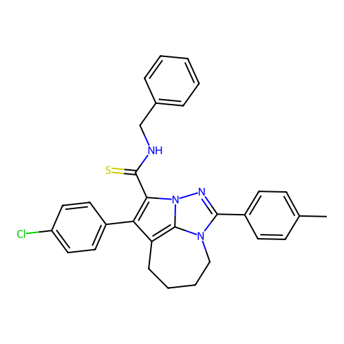 N-benzyl-1-(4-chlorophenyl)-4-(p-tolyl)-5,6,7,8-tetrahydro-2a,3,4a-triazacyclopenta[cd]azulene-2-carbothioamide structure
