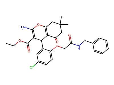 Ethyl 2-amino-4-{2-[2-(benzylamino)-2-oxoethoxy]-5-chlorophenyl}-7,7-dimethyl-5-oxo-5,6,7,8-tetrahydro-4H-1-benzopyran-3-carboxylate structure