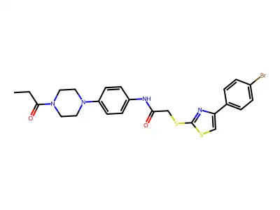 2-[[4-(4-bromophenyl)-1,3-thiazol-2-yl]sulfanyl]-N-[4-(4-propanoylpiperazin-1-yl)phenyl]acetamide structure