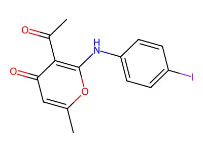 3-acetyl-2-((4-iodophenyl)amino)-6-methyl-4H-pyran-4-one structure