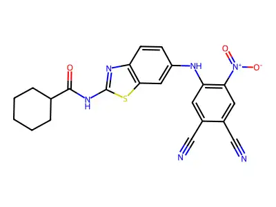 N-[6-(4,5-dicyano-2-nitroanilino)-1,3-benzothiazol-2-yl]cyclohexanecarboxamide structure