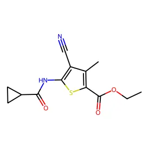 Ethyl 4-cyano-5-(cyclopropanecarboxamido)-3-methylthiophene-2-carboxylate structure