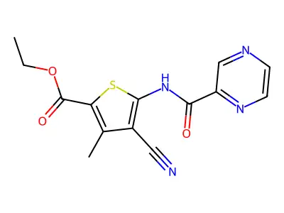 Ethyl 4-cyano-3-methyl-5-(pyrazine-2-carbonylamino)thiophene-2-carboxylate structure