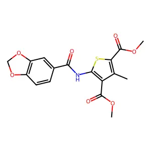 dimethyl 5-(1,3-benzodioxole-5-carbonylamino)-3-methylthiophene-2,4-dicarboxylate structure