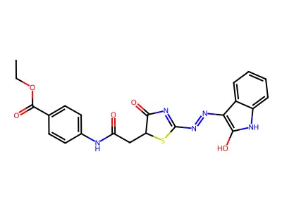 ethyl 4-[({(2E)-4-oxo-2-[(2E)-(2-oxo-1,2-dihydro-3H-indol-3-ylidene)hydrazinylidene]-1,3-thiazolidin-5-yl}acetyl)amino]benzoate structure