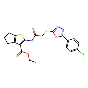 ethyl 2-[[2-[[5-(4-chlorophenyl)-1,3,4-oxadiazol-2-yl]sulfanyl]acetyl]amino]-5,6-dihydro-4H-cyclopenta[b]thiophene-3-carboxylate structure