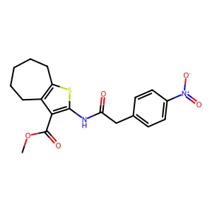 methyl 2-[[2-(4-nitrophenyl)acetyl]amino]-5,6,7,8-tetrahydro-4H-cyclohepta[b]thiophene-3-carboxylate structure