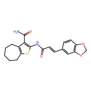 2-[[(E)-3-(1,3-benzodioxol-5-yl)prop-2-enoyl]amino]-5,6,7,8-tetrahydro-4H-cyclohepta[b]thiophene-3-carboxamide structure