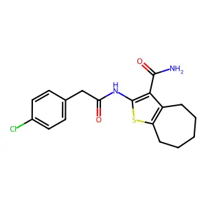 2-[[2-(4-chlorophenyl)acetyl]amino]-5,6,7,8-tetrahydro-4H-cyclohepta[b]thiophene-3-carboxamide structure