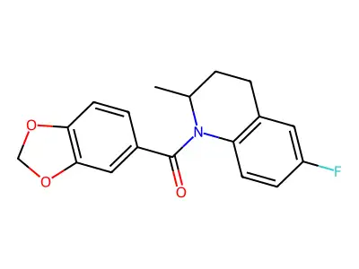 1,3-benzodioxol-5-yl-(6-fluoro-2-methyl-3,4-dihydro-2H-quinolin-1-yl)methanone structure