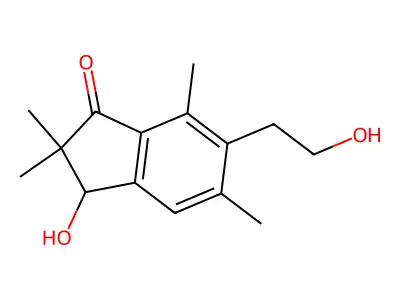 3-hydroxy-6-(2-hydroxyethyl)-2,2,5,7-tetramethyl-2,3-dihydro-1H-inden-1-one structure