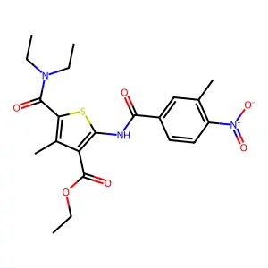 ethyl 5-(diethylcarbamoyl)-4-methyl-2-[(3-methyl-4-nitrobenzoyl)amino]thiophene-3-carboxylate structure