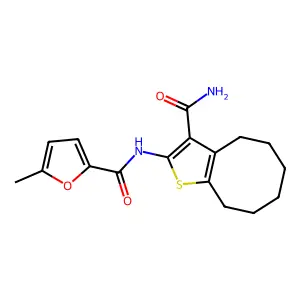 N-(3-carbamoyl-4,5,6,7,8,9-hexahydrocycloocta[b]thiophen-2-yl)-5-methylfuran-2-carboxamide structure