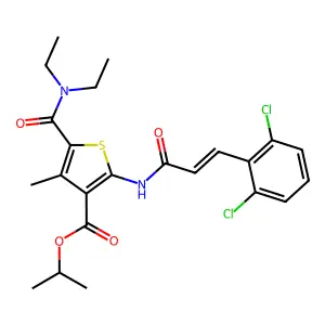 propan-2-yl 2-[[(E)-3-(2,6-dichlorophenyl)prop-2-enoyl]amino]-5-(diethylcarbamoyl)-4-methylthiophene-3-carboxylate structure