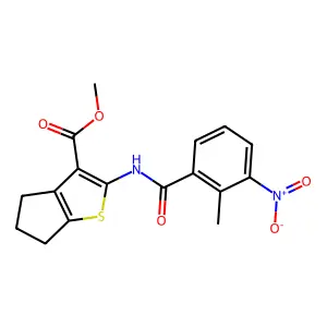 methyl 2-({3-nitro-2-methylbenzoyl}amino)-5,6-dihydro-4H-cyclopenta[b]thiophene-3-carboxylate structure