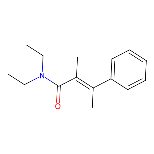 (2E)-N,N-diethyl-2-methyl-3-phenylbut-2-enamide structure