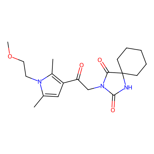 2-[2-[1-(2-methoxyethyl)-2,5-dimethylpyrrol-3-yl]-2-oxoethyl]-2,4-diazaspiro[4.5]decane-1,3-dione structure
