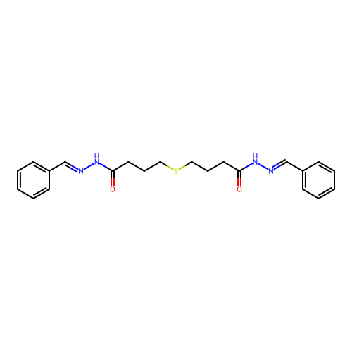 N-(benzylideneamino)-4-[3-[(benzylideneamino)carbamoyl]propylsulfanyl]butanamide structure
