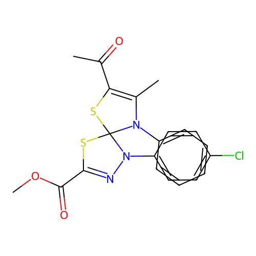 methyl 7-acetyl-1-(4-chlorophenyl)-8-methyl-9-phenyl-4,6-dithia-1,2,9-triazaspiro[4.4]nona-2,7-diene-3-carboxylate structure