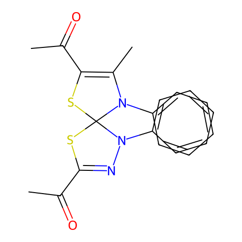 1,1'-(8-methyl-1,9-diphenyl-4,6-dithia-1,2,9-triazaspiro[4.4]nona-2,7-diene-3,7-diyl)diethanone structure