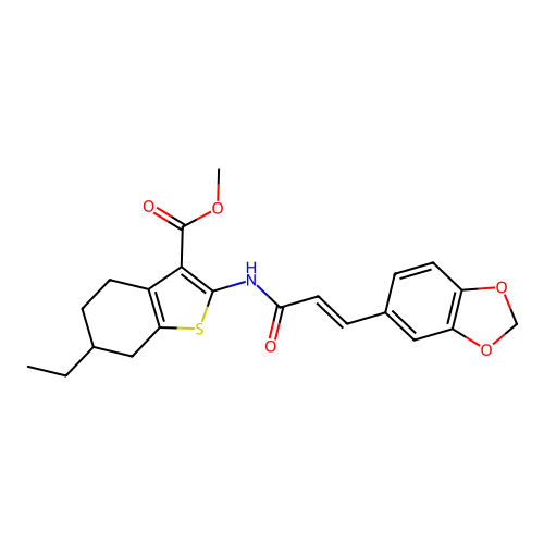 methyl 2-[[(E)-3-(1,3-benzodioxol-5-yl)prop-2-enoyl]amino]-6-ethyl-4,5,6,7-tetrahydro-1-benzothiophene-3-carboxylate structure