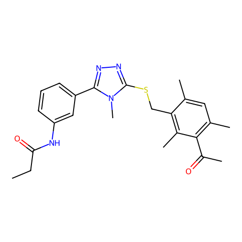 N-(3-(5-((3-acetyl-2,4,6-trimethylbenzyl)thio)-4-methyl-4H-1,2,4-triazol-3-yl)phenyl)propionamide structure