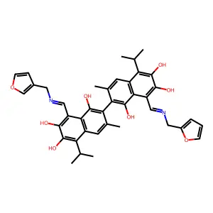 (2,2'-Binaphthalene)-1,1',6,6',7,7'-hexol, 8-((E)-((2-furanylmethyl)imino)methyl)-8'-((E)-((3-furanylmethyl)imino)methyl)-3,3'-dimethyl-5,5'-bis(1-methylethyl)- structure