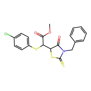 methyl 2-(3-benzyl-4-oxo-2-sulfanylidene-1,3-thiazolidin-5-yl)-2-(4-chlorophenyl)sulfanylacetate structure